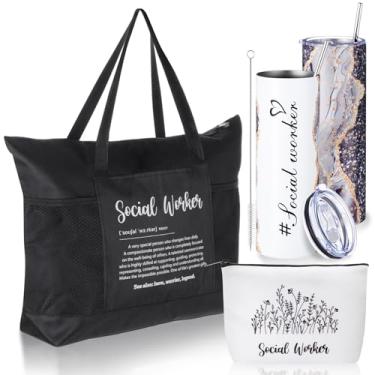 Imagem de Sieral Conjunto de 3 peças para presente de agradecimento de assistente social 590 ml copo de aço inoxidável com palha, bolsa de maquiagem de lona e sacola para mulheres, funcionários, colegas, semana