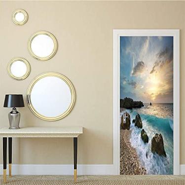 Imagem de Adesivo de papel de parede de pintura de parede para porta de quarto oceano, composição de paisagem marítima da natureza, rochas, ondas, céu nublado, sol nascente, praia, foto, para dormitórios,
