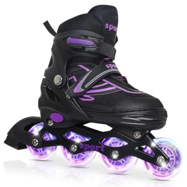Imagem de PIPIZHU Patins Em Linha Infantis Para Meninas De 6 A 12 Anos, Com 4 Lâminas Ajustáveis, Meninos E Adolescentes, Iniciantes, Rodas Completas Iluminação (Preto Roxo, Tamanho Pequeno)