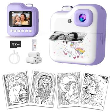 Imagem de Câmera infantil impressão instantânea e fotos de telefones para meninas, fotos impressas de arte de desenho animado, desenho 3D, desenho à mão, câmera digital FHD para selfie, 1080p para crianças