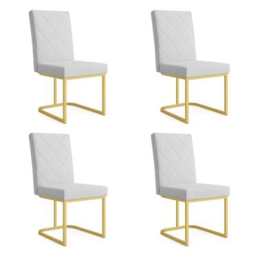 Imagem de Kit 04 Cadeiras de Jantar Estofada Siena Linho Base de Ferro Dourada - Pallazio