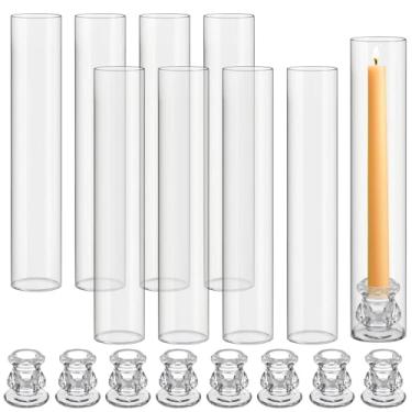 Imagem de Teenyyou Conjunto de 8 castiçais de vidro Hurricane de 32 cm em formato de tubo sem fundo e castiçal transparente de 5,6 cm para mesa de festa de casamento (transparente)