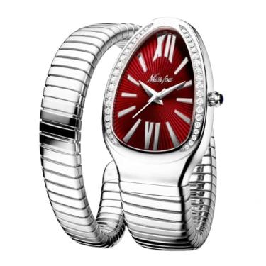 Imagem de DAXIAOYU Relógio clássico em forma de cobra, pulseira escalável, dourado, prata, relógios femininos, diamantes brilhantes, quartzo, relógio de pulso feminino, Prateado - Vermelho