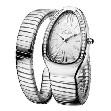 Imagem de DAXIAOYU Relógio clássico em forma de cobra, pulseira escalável, dourado, prata, relógios femininos, diamantes brilhantes, quartzo, relógio de pulso feminino, Prata