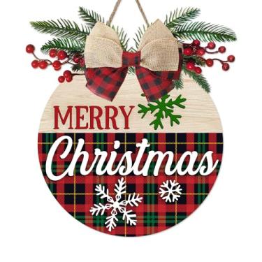 Imagem de Bolisom Placa de Feliz Natal, buffalo, xadrez, floco de neve, cabide de madeira, para uso externo, varanda, decoração de casa, guirlanda de madeira com laço, decoração interna para pendurar na parede