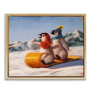 Imagem de Stupell Industries Toboggan Sleigh Ride Penguins Gold Framed Floater Canvas Wall Art Design por Lucia Heffernan, 25 x 31