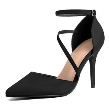 Imagem de SICARE Sapato feminino de salto alto fechado bico fino com alça cruzada D'Orsay salto agulha sapatos de festa de casamento para noivas, Preto, 41