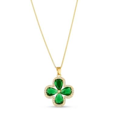Imagem de Colar Trevo Feminino com Pedra de Zircônia, Semijoia Banhada a Ouro 18K – Elegante e Delicado, Ideal para Presentear ou Usar no Dia a Dia. (Verde)