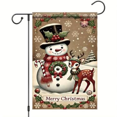 Imagem de Saoplasa Bandeira de jardim de Natal Feliz Natal, boneco de neve, rena, bengala doce, 30,5 x 45,7 cm, faixa dupla face com flocos de neve e grinalda para decoração de férias de inverno, varanda, pátio