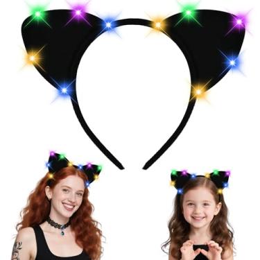 Imagem de DUDUCOFU Faixa de cabeça com orelhas de gato pretas para meninas e mulheres, orelhas de gato de Halloween iluminadas com LED para adultos e crianças, lavagem de maquiagem (preta)