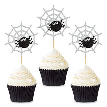 Imagem de Cyodoos 24 peças de enfeite de cupcake teia de aranha e aranha - decorações de aniversário de Halloween, decorações de festa de Halloween