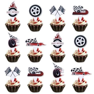 Imagem de MEMOVAN Race Wheel Cupcake Topper Hot Cars Cupcake Toppers Race Car Cupcake Decoration Checkered Theme Cake Decoration Trophy Flag Racing Cake Pick for Boy Girl Man Baby Shower Birthday Party