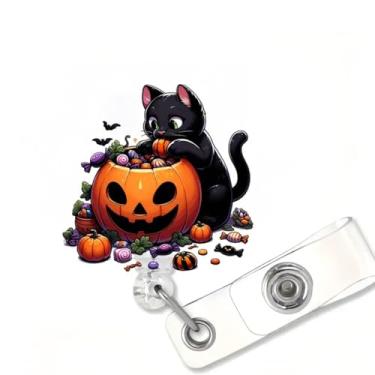 Imagem de Suporte de crachá de abóbora de Halloween com clipe jacaré, gato preto, morcego, abóbora, doce, outono, clipes retráteis para crachá, clipe engraçado para nome de identificação para enfermeira, médico