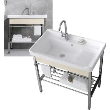 Imagem de Pias De Cozinha Em Casa Pia De Lavanderia,pia De Cozinha Autônoma De Cerâmica,conjunto De Vaidade De Banheiro De Pia única Moderna, Com Prateleira De Aço Inoxidável E Torneira De água Fria