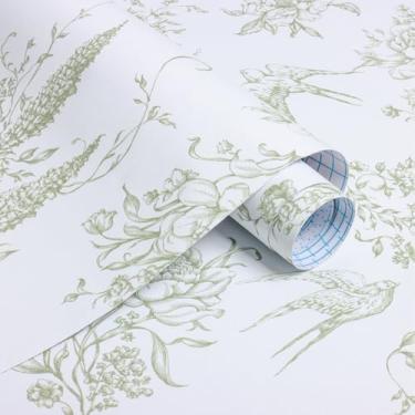 Imagem de Froluya Papel de parede floral pássaros descascar e colar papel de contato verde e branco creme 43 cm x 499 cm papel de parede floral vintage autoadesivo removível papel de contato flor verde para