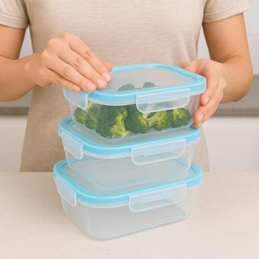 Imagem de Conjunto 3 Potes Herméticos Plástico Transparente com Tampa Azul – Vedação Segura, Livre de BPA, Empilhável, Ideal para Geladeira e Freezer