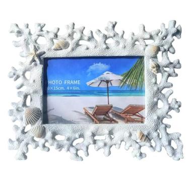 Imagem de ZASEUCI Elegante porta-retrato branco 10 x 15 cm - design elegante de resina com detalhe de concha de coral, suporte versátil para mesa ou parede, perfeito para presentes de casamento e decoração de