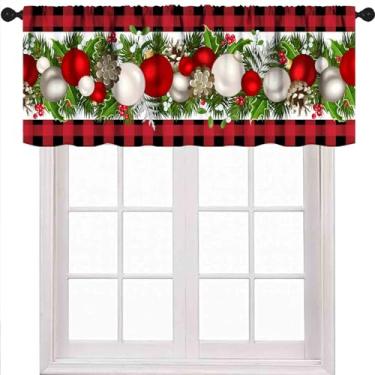 Imagem de Saia de cozinha com bola de Natal, decorações de Natal, tratamento de janela vermelha de inverno, cortinas pequenas de camada curta para quarto, sala de estar, sala de jantar, 1 peça, 137 x 45 cm