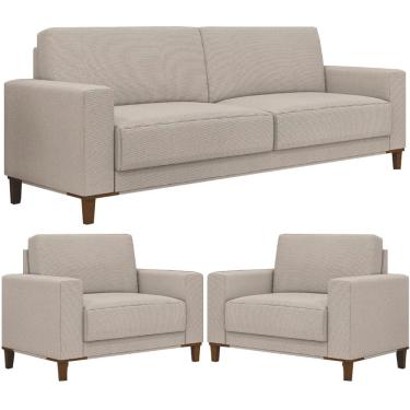 Imagem de Kit Sofá 3 Lugares 214cm Com 02 Poltronas Decorativas Viso M03 Linho Cru - Lyam Decor