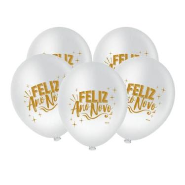 Imagem de Bexiga Balões Feliz Ano Novo Branco E Dourado No8 - 20 Unid. - piffer