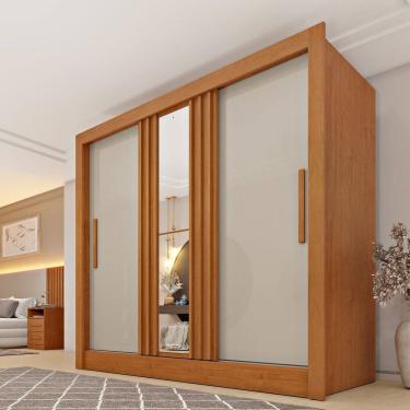 Imagem de Guarda Roupa Casal 3 Portas Taiffa Ripado 190cm com Espelho Espresso Móveis Cinamomo /Off White