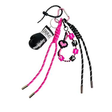 Imagem de QTMY Luvas de boxe com contas corda trançada chaveiro bolsa berloques para bolsa bolsa mochila acessórios para bolsa Bogg, 766, Rosa choque, preto, tamanho �nico