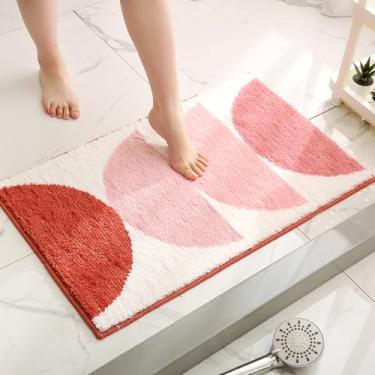Imagem de Tyrafry Tapetes de banho antiderrapantes, laváveis, super absorventes, tapete de banho fino, pequeno tapete de banheiro de pelo alto para cozinha e quarto, semicírculo rosa, 41 x 61 cm
