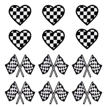 Imagem de 12 peças de remendos de corrida, emblemas de bandeira de corrida xadrez clássico preto branco bandeira de corrida e coração de ferro em remendos bordados apliques para roupas, jeans, chapéus, mochilas