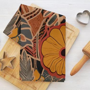 Imagem de Toalhas de cozinha botânicas Boho 61 x 35 cm, toalha de prato de microfibra durável floral estética, arte moderna waffle toalha de chá de mão para cozinha, casa de banho, decoração de casa de fazenda