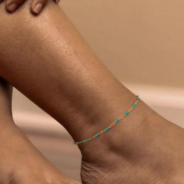 Imagem de Tornozeleira dourada feminina turquesa com corrente