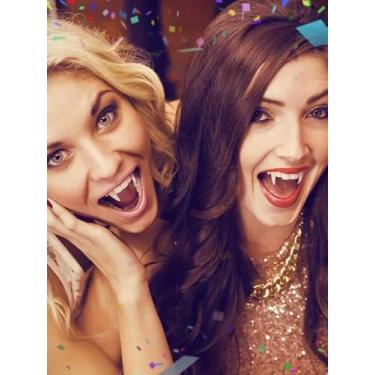 Imagem de 1 par de presas falsas de vampiro para cosplay, dentes de vampiro, dentes afiados falsos, acessórios realistas para festa de Halloween, baile de máscaras, maquiagem e lembrancinhas