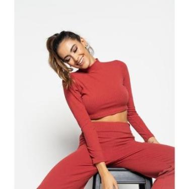 Imagem de Cropped Salvatore Fashion Gola Alta Manga Longa Comfy Malha Canelada Feminina-Feminino