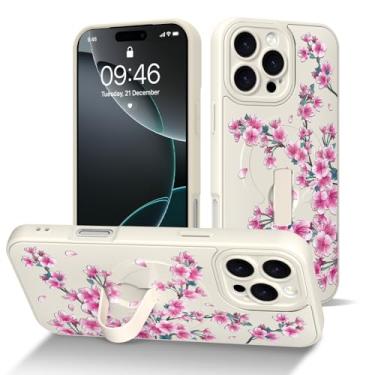 Imagem de DOTARA Capa compatível com iPhone 16 Pro com alça de dedo, padrão floral de flor de cerejeira branca compatível com Magsafe, capa fina à prova de choque com proteção de câmera para mulheres e meninas