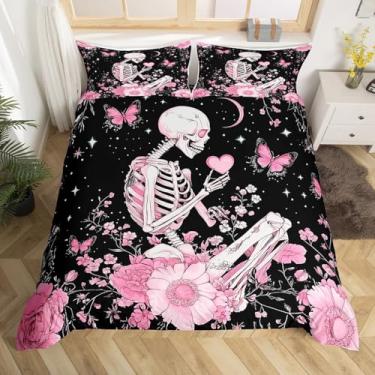 Imagem de Conjunto de capa de edredom de esqueleto, tamanho casal, céu estrelado com glitter, flores rosa, decoração de quarto de meninas e mulheres, capa de edredom de caveira tripla de Halloween, capa de