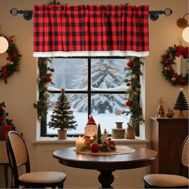 Imagem de Bentrilisa Buffalo, xadrez, sanefa, para janela de cozinha, vermelho, preto, bolso para varão, guingão, fazenda, campo, sanefas, cortinas com acabamento em renda, 142 x 45,7 cm