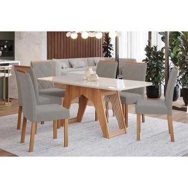 Imagem de Conjunto Mesa Sala Jantar Carol Tampo Madeirado Com Vidro 180x90cm E 6 Cadeiras Fernanda Madeirado Linho Grafite Cimol