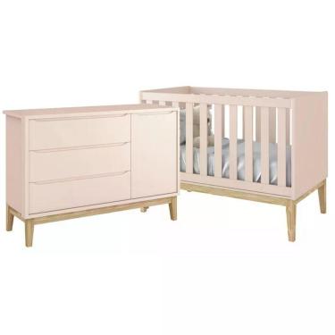 Imagem de Jogo De Quarto Classic Cômoda Com Porta E Berço Rosa Fosco Com Pés Madeira Natural - Reller Móveis Rosa Fosco