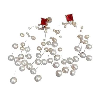 Imagem de Brincos de arroz branco cultivado com pérola vermelha CZ estilo luxuoso para mulheres