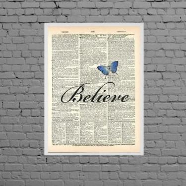 Imagem de Quadro Borboleta Azul Believe 24X18Cm Madeira Branca - Quadros On-Line