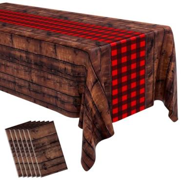 Imagem de Oudain 6 peças de toalha de mesa de plástico com estampa xadrez vermelha e preta, 137 x 272 cm, Western My First Rodeo, para festa de cowboy, decoração rústica de fazenda