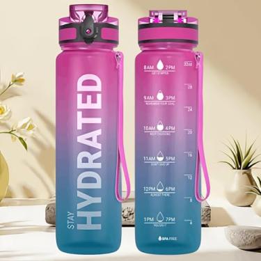 Imagem de Garrafa de água, 940 ml, durável e à prova de vazamento, motivacional com marcador de tempo, livre de BPA, boca larga com fácil limpeza para academia, viagens, escola, escritório (rosa, azul)