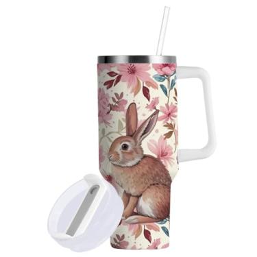 Imagem de Blueangle Copo de coelho da Páscoa de 850 g com alça e tampa de palha, copo isolado reutilizável de aço inoxidável garrafa de água caneca de viagem (81)