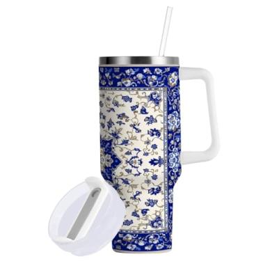 Imagem de ATTX Copo Foral de Porcelana Azul e Branco de 1,134 g com Alça - Caneca de Viagem de Aço Inoxidável Isolada a Vácuo, Copo de Café à Prova de Vazamento com Canudo #737