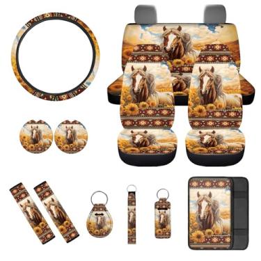 Imagem de gearider Southwest Aztec Conjunto de capa de assento de carro com 13 peças, com capas de cinto de segurança para volante, console central, porta-copos, chaveiro de cavalo ocidental, suporte de batom