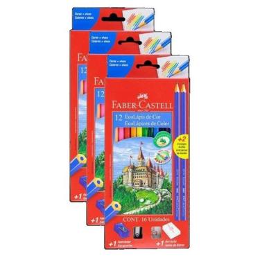 Imagem de 3 Lápis De Cor Faber Castell 12 cores + Apontador + Borracha - Faber-C