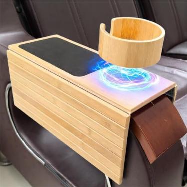 Imagem de MAGIC BAMBOO Suporte de copo de sofá, bandeja de apoio de braço de sofá de bambu com suporte de copo removível – mesa de sofá dobrável e antiderrapante para bebidas, lanches, controles remotos e