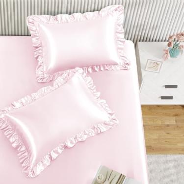 Imagem de Homiest Jogo de lençol com elástico de 3 peças com babado e cetim, rosa blush com 2 fronhas com babados, bolso profundo de 38 cm, jogo de cama fofo e coquete de seda para decoração de quarto
