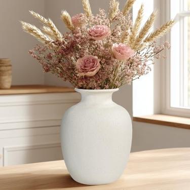 Imagem de Wancetang Vaso rústico de fazenda para grama dos pampas, vaso de cerâmica bege para flores, vasos boho de 17 cm para decoração de casa, mesa de estética, mesa de cabeceira, decoração de estante de