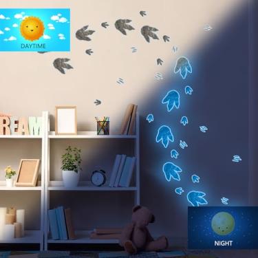 Imagem de Adesivos de parede com pegada de dinossauro que brilham no escuro com 2 folhas, decalques de padrão fóssil, murais para quarto de crianças, berçário, decoração com tema de dinossauro (pegada de brilho