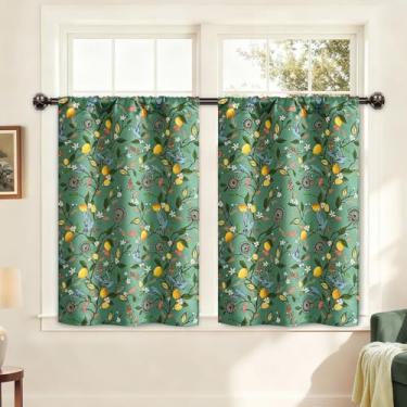 Imagem de FRAMICS Cortinas de cozinha blecaute verde 91 cm de comprimento, pássaros, floral, cortina curta com bolso para varão para janelas, café, porão, armário de sala de estar, 2 painéis